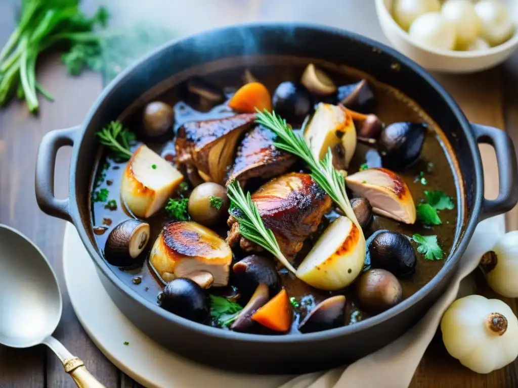 Delicioso coq au vin francés tradicional en olla de hierro, reflejando la esencia de la gastronomía francesa recetas tradicionales