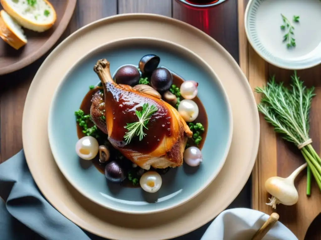 Un delicioso Coq au Vin francés tradicional, con pollo, salsa de vino tinto y guarniciones, en una mesa rústica