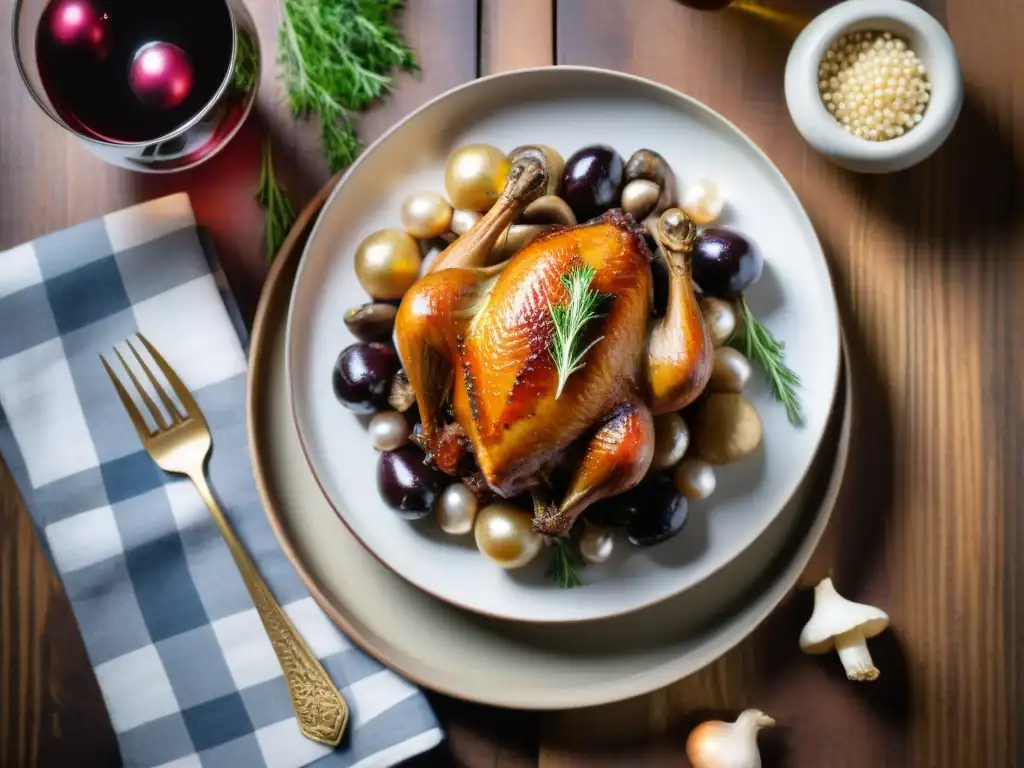 Delicioso Coq au Vin moderno sobre mesa rústica con vino francés