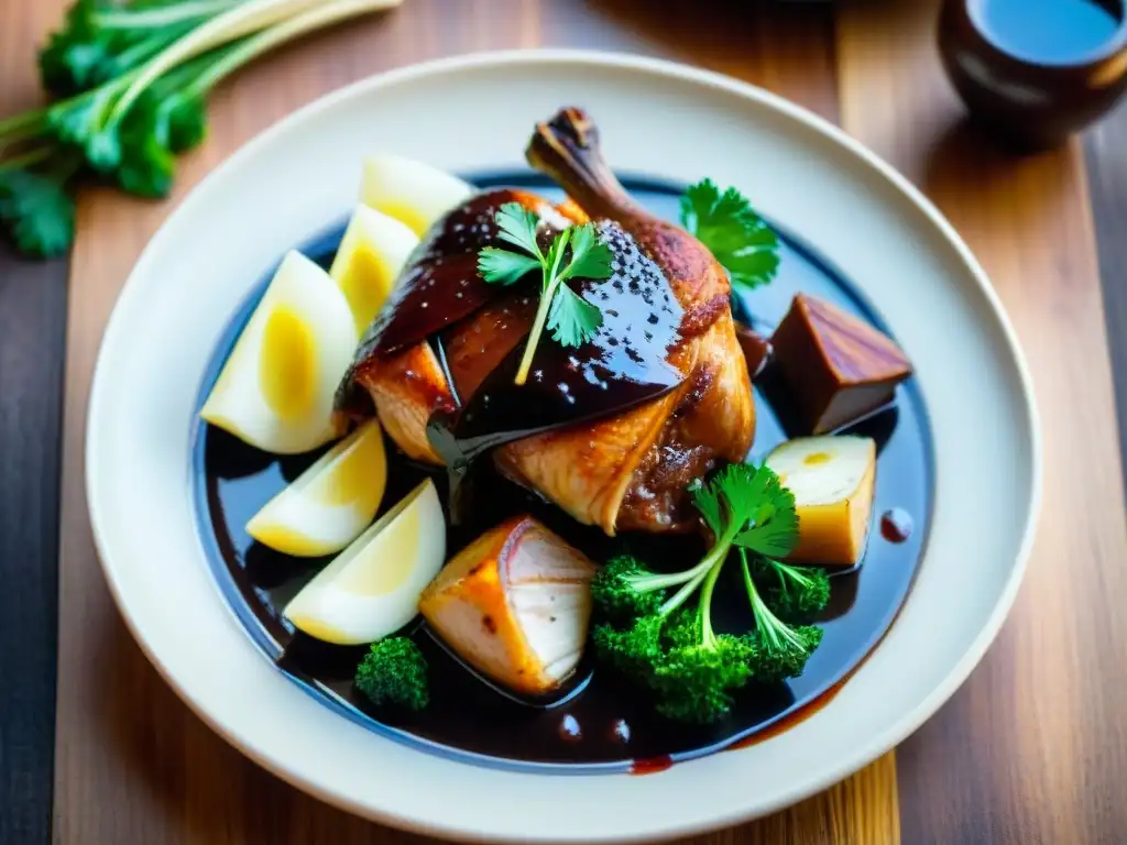 Delicioso Coq au Vin francés en plato de cerámica, resaltando la rica salsa oscura y pollo tierno, sobre mesa de madera