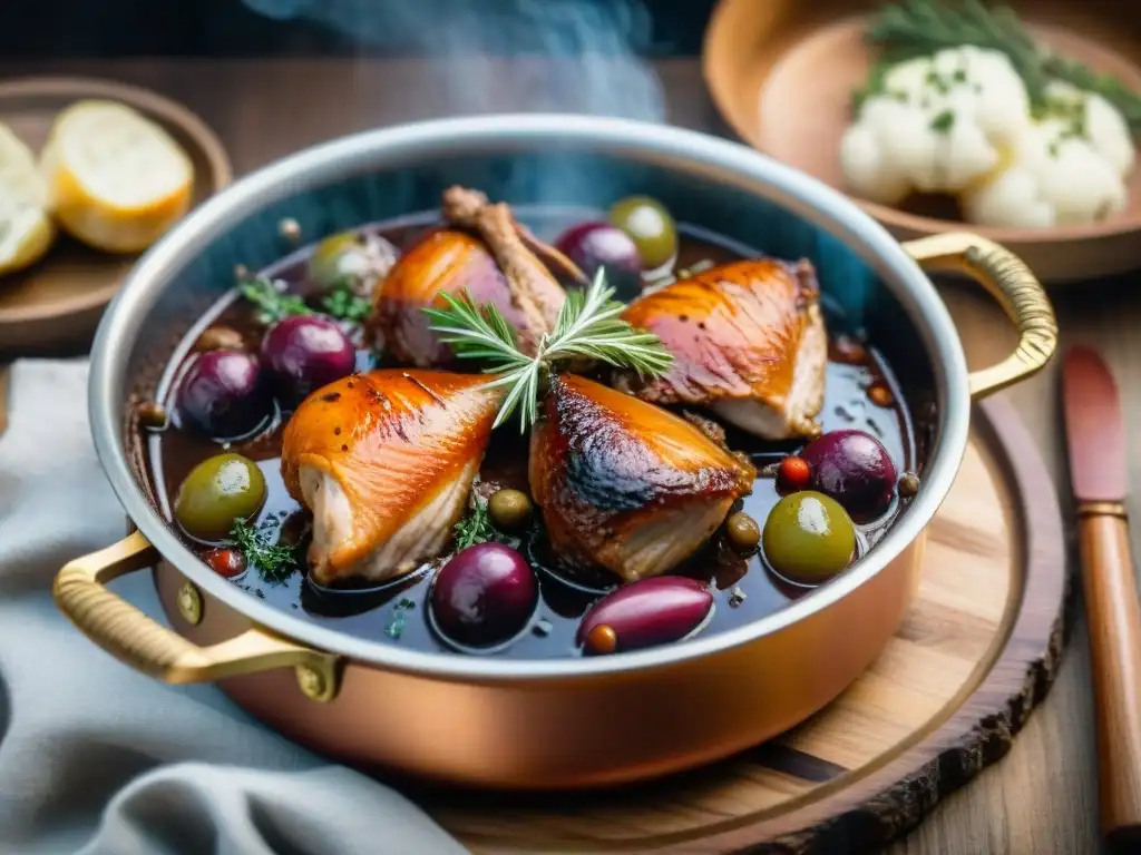 Delicioso Coq au Vin en olla de cobre, con salsa roja, pollo tierno y hierbas aromáticas