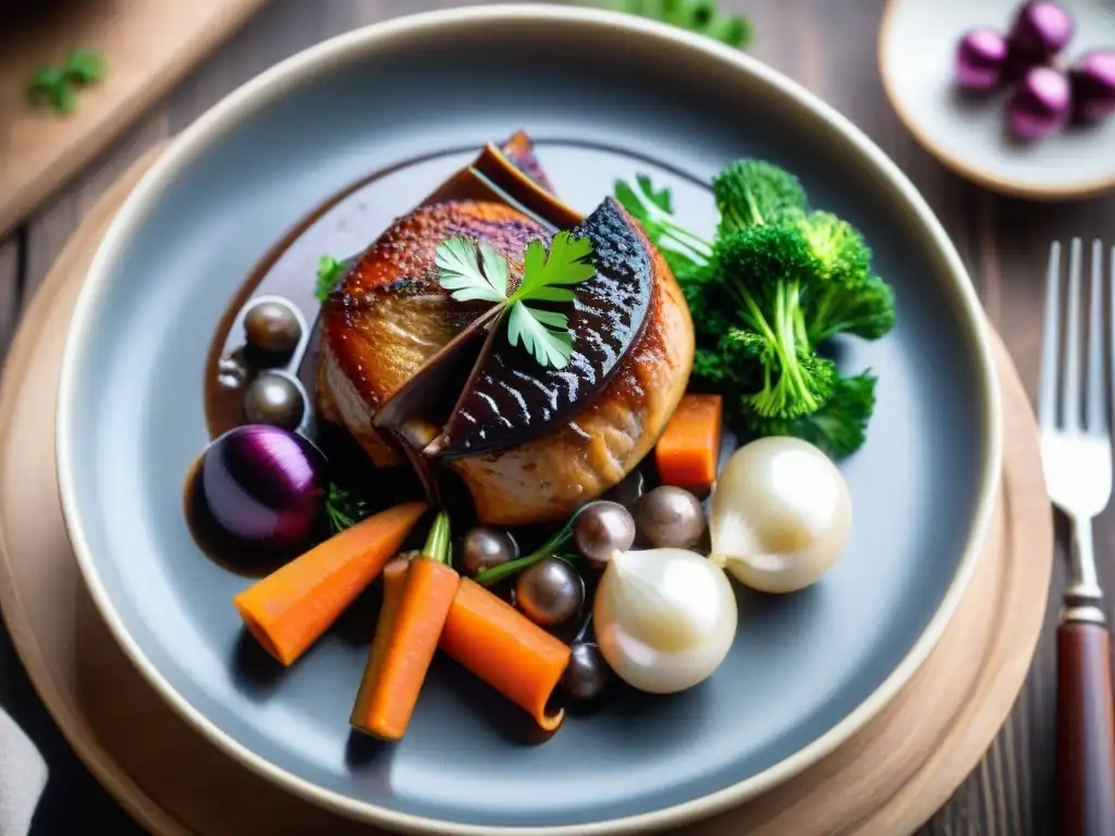 Delicioso coq au vin vegano en plato elegante sobre mesa rústica