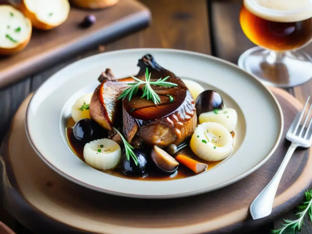 Delicioso coq au vin en mesa rústica con cerveza artesanal francesa recomendada