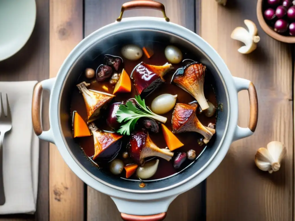 Delicioso coq au vin rojo en olla de cobre sobre mesa de madera