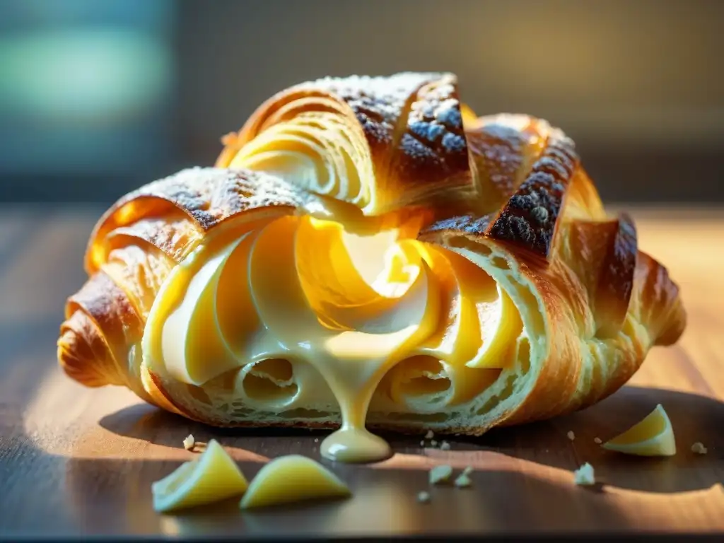 Delicioso croissant dorado abierto con mantequilla fermentada, sobre mesa rústica