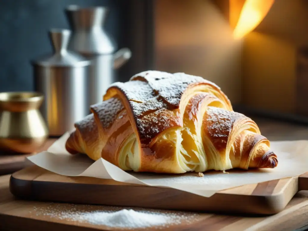 Delicioso croissant dorado en bandeja de horno, decorado con azúcar glass