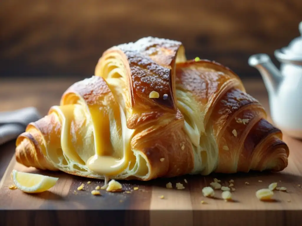 Delicioso croissant dorado en tabla de madera rústica