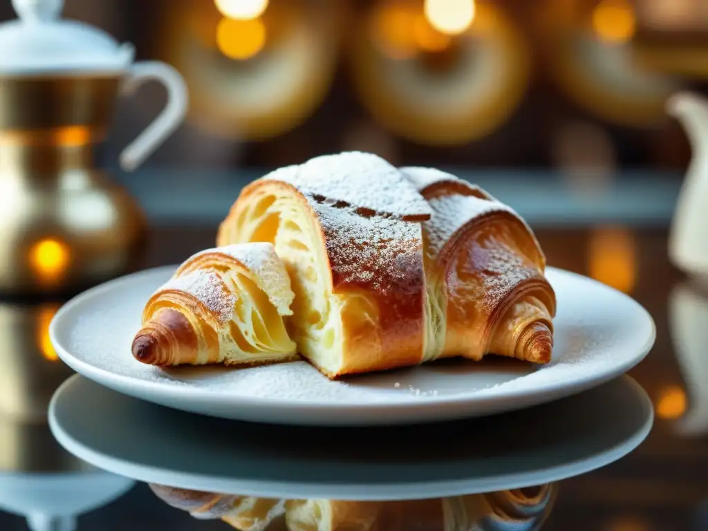 Delicioso croissant francés recién horneado con crema de anís estrellado en plato de porcelana