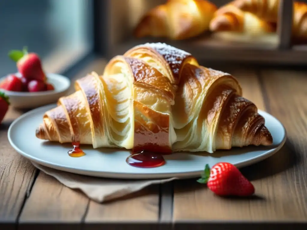 Delicioso croissant recién horneado en la mejor panadería de París, con textura dorada y mantequillosa, acompañado de mermelada de fresa