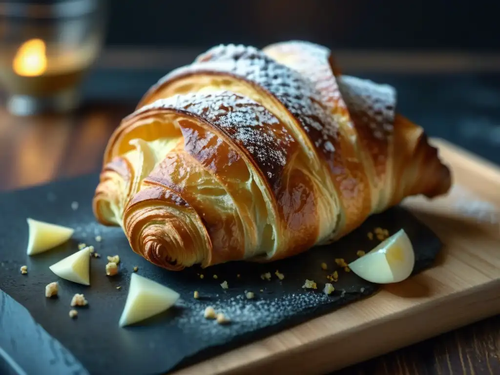 Delicioso croissant recién horneado con vapor, en tabla de madera rústica