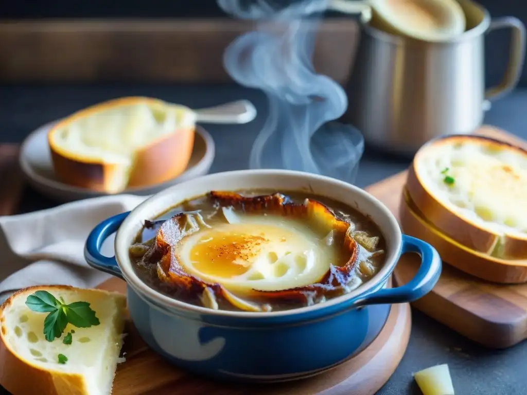 Un delicioso cuadro de la preparación de una clásica sopa francesa de cebolla, con ingredientes tradicionales y un toque vintage