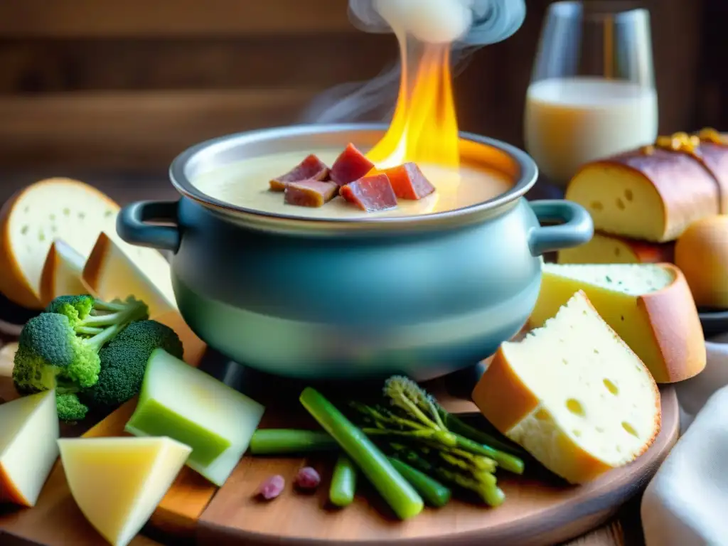 Un delicioso fondue savoyardo tradicional con pan, verduras y embutidos, en un acogedor chalet iluminado por velas