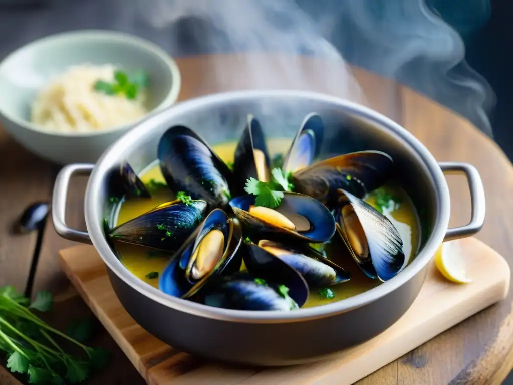 Sabrosos mejillones al vapor en caldo de vino blanco y hierbas Un delicioso guiso de mejillones estilo francés en una olla humeante sobre una mesa de madera rústica, decorado con perejil fresco
