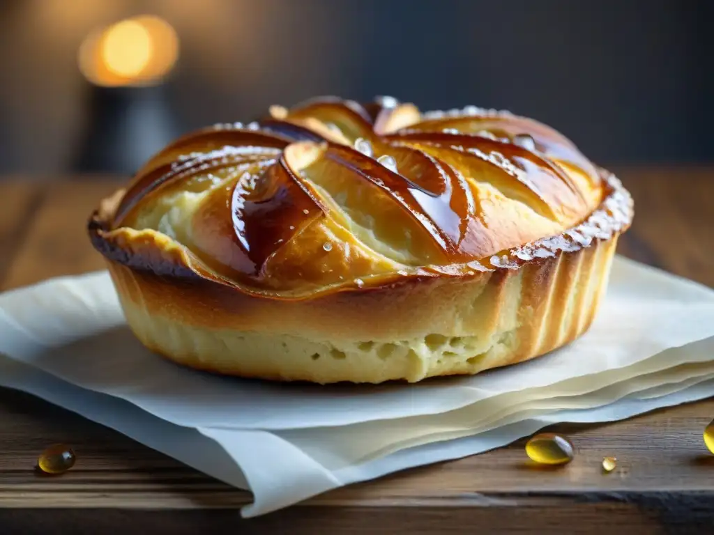 Un delicioso Kouignamann recién horneado sobre mesa rústica, con capas doradas y crujientes