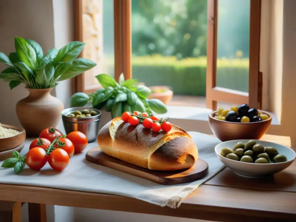 Delicioso pan francés en desayuno mediterráneo: aceite de oliva, tomate, queso, aceitunas y higos