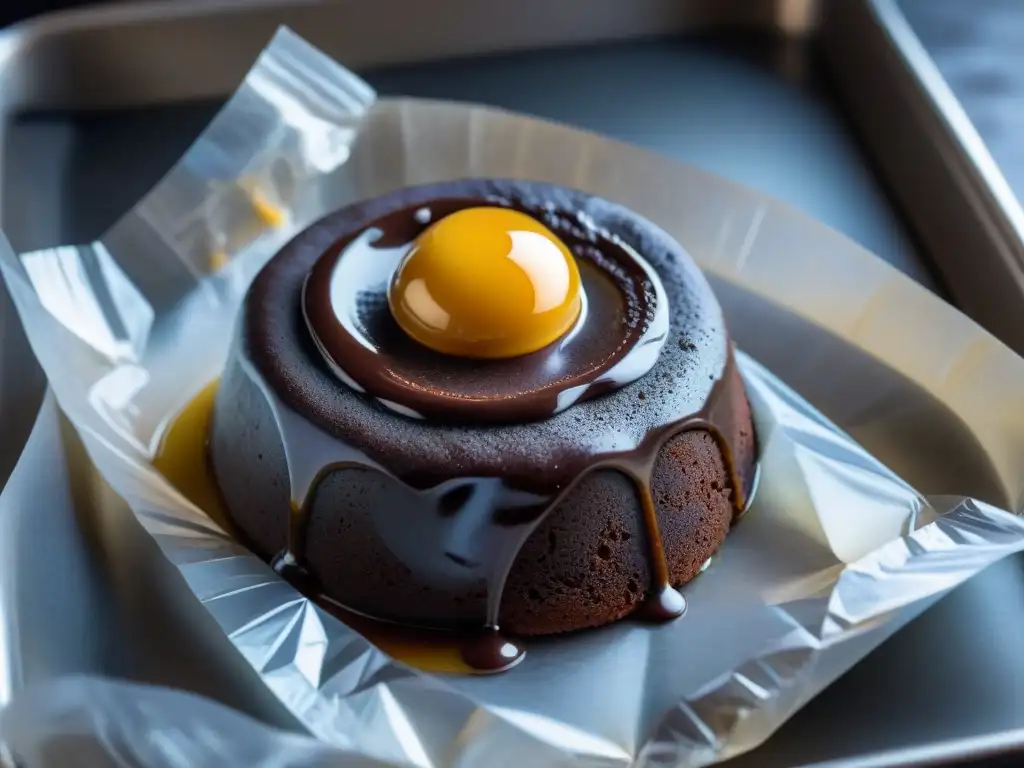 Delicioso pastel de lava de chocolate envasado al vacío, listo para cocinar sous vide