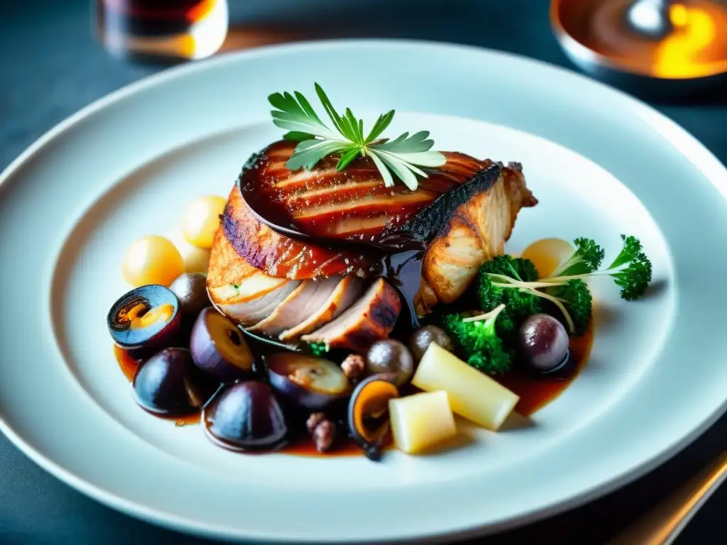 Delicioso plato de coq au vin, resaltando la elegancia de la gastronomía francesa de platos imperiales