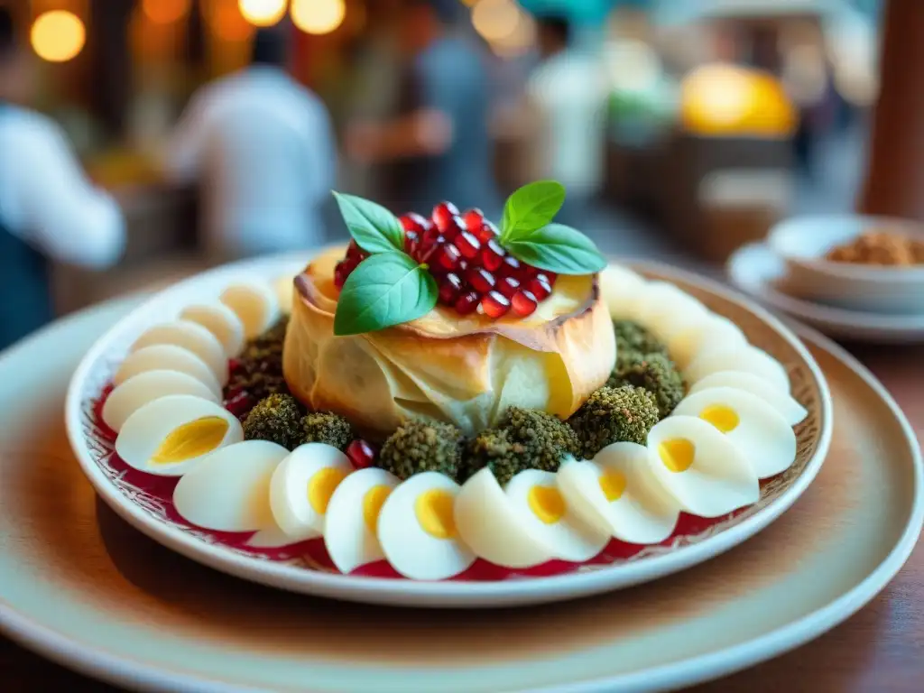 Un delicioso plato francés con influencia gastronomía árabe, rodeado de un mercado bullicioso