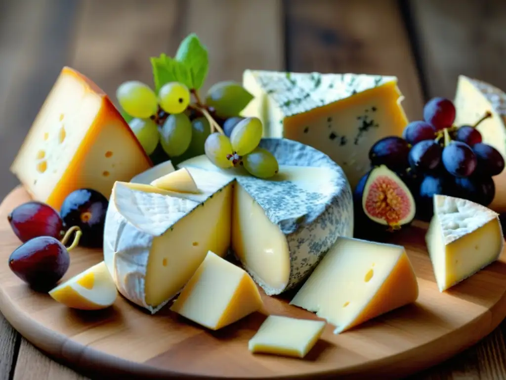 Delicioso plato de quesos franceses con acompañamientos para degustar