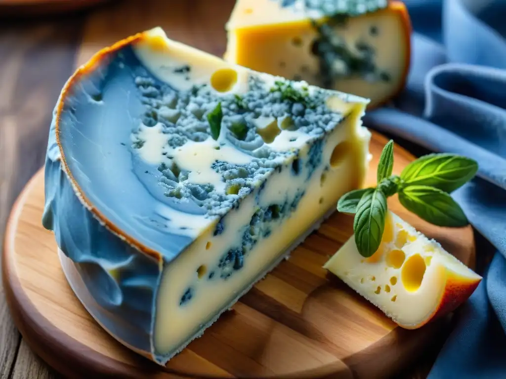 Delicioso queso azul francés gourmet con intrincados patrones marmolados, textura crujiente y moho blanco y azul, sobre tabla de madera rústica