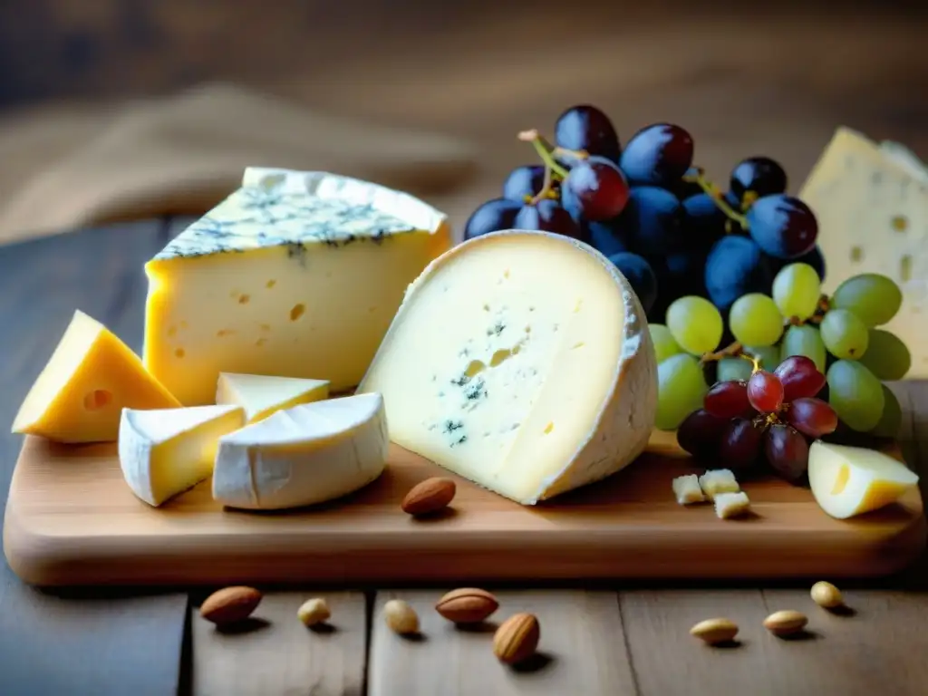 Delicioso queso francés, uvas y miel en tabla de madera