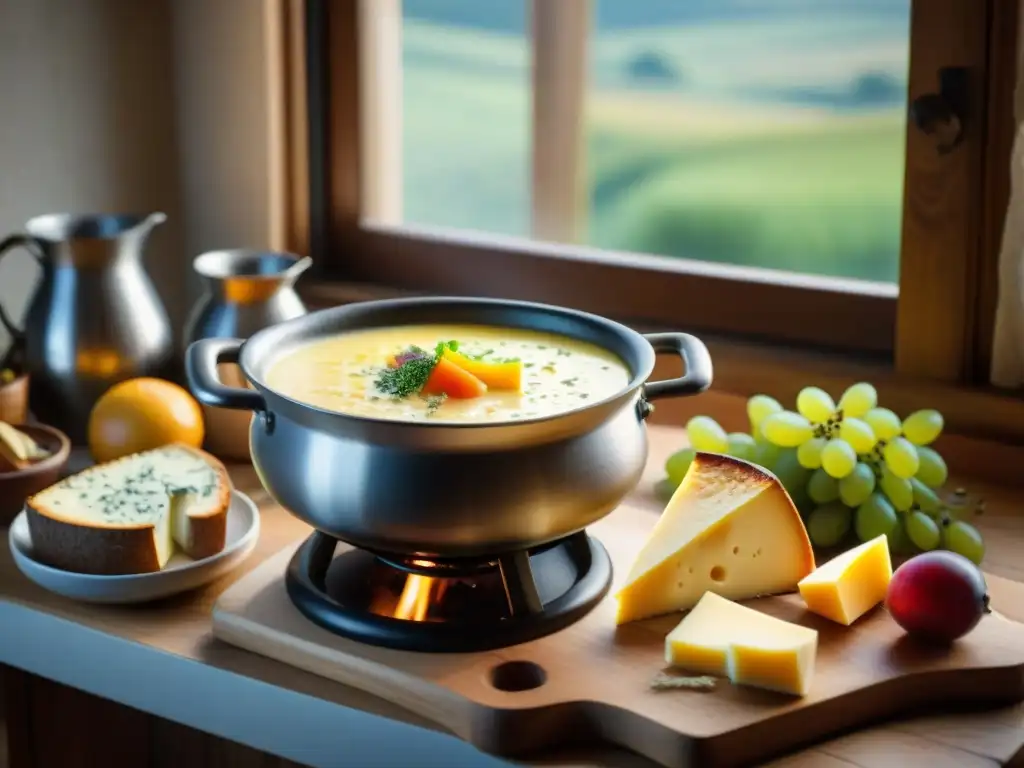 Un delicioso queso fundido francés rodeado de acompañamientos coloridos en una acogedora cocina de campo