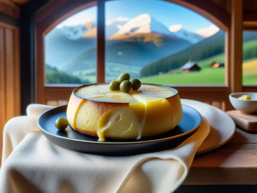 Delicioso Raclette en Ródano-Alpes con queso fundido, patatas, encurtidos y embutidos, en un acogedor chalet alpino