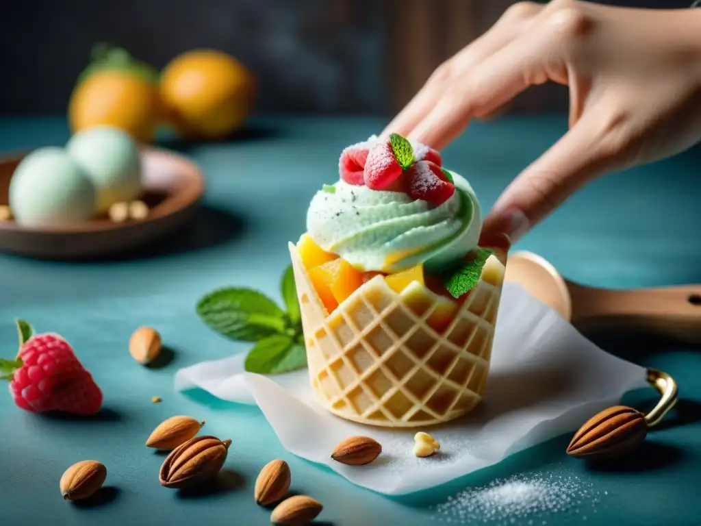 Delicioso sorbete de frutas en cono casero, ideal para recetas sorbetes gelatos veganos