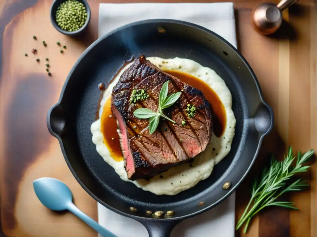 Delicioso steak sizzling en sartén, aroma a pimienta, en cocina francesa con 'Receta Steak au Poivre francés'