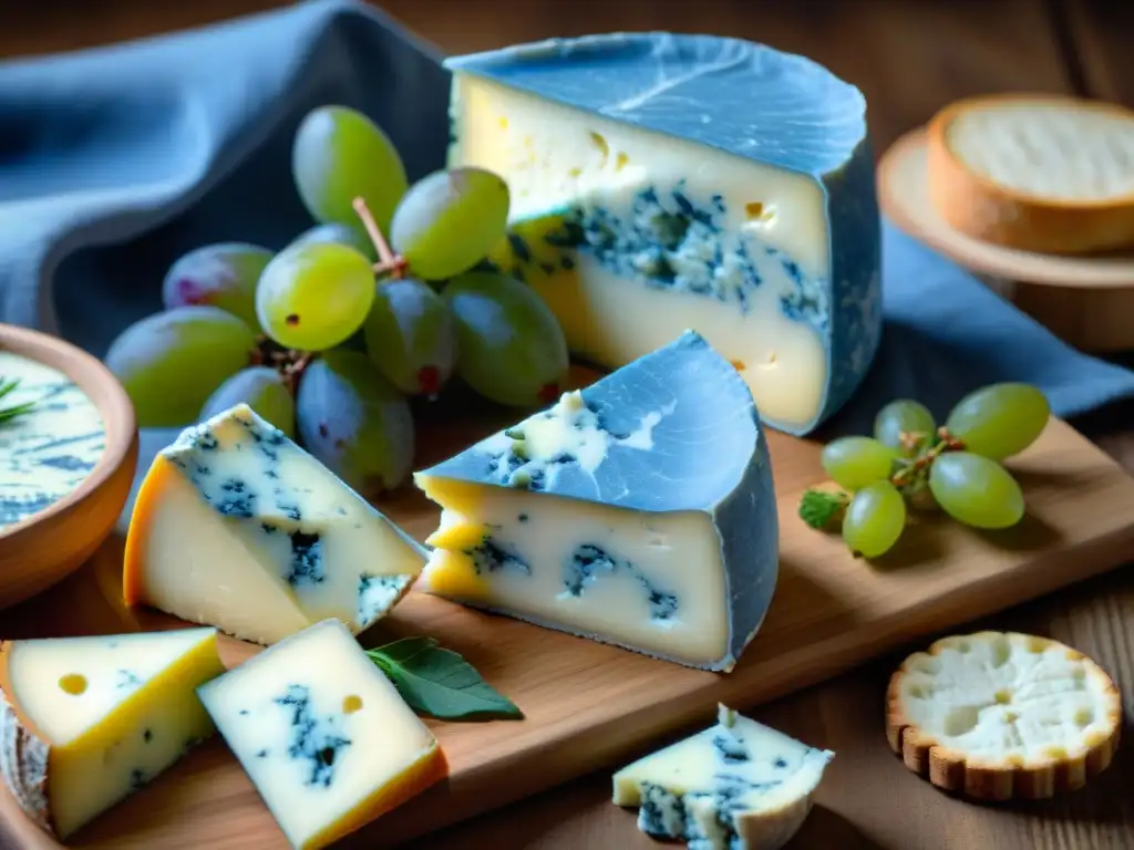 Delicioso surtido de quesos azules franceses gourmet en tabla rústica con uvas y hierbas aromáticas