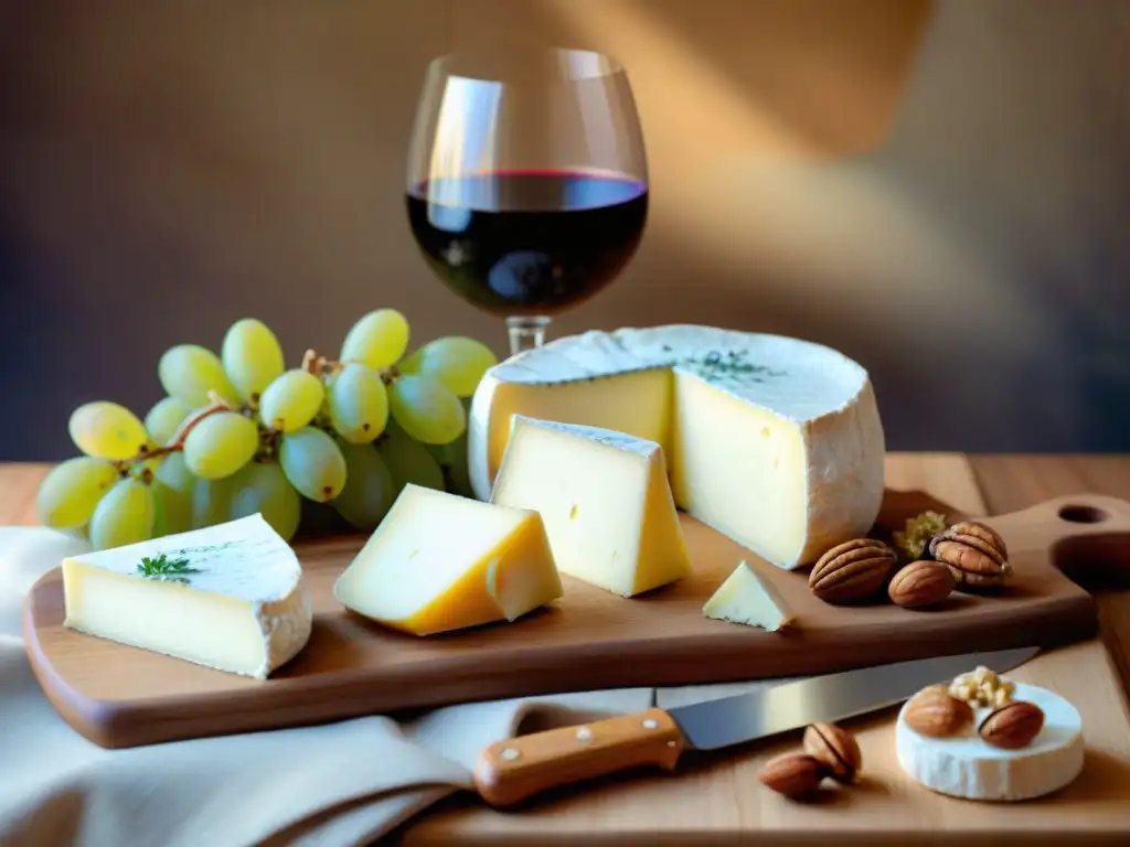 Un delicioso tablero de degustación de quesos franceses suaves y cremosos en un entorno campestre francés