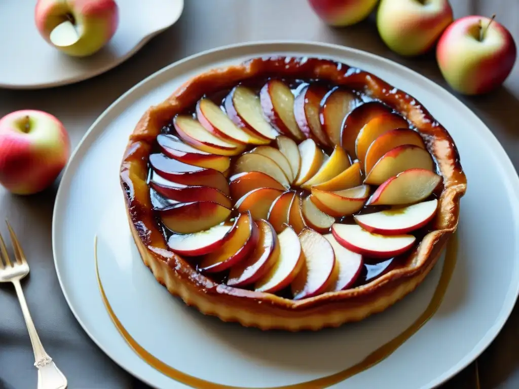 Un delicioso Tarte Tatin francés con capas de manzana y caramelo, inspiración de dulces postres franceses