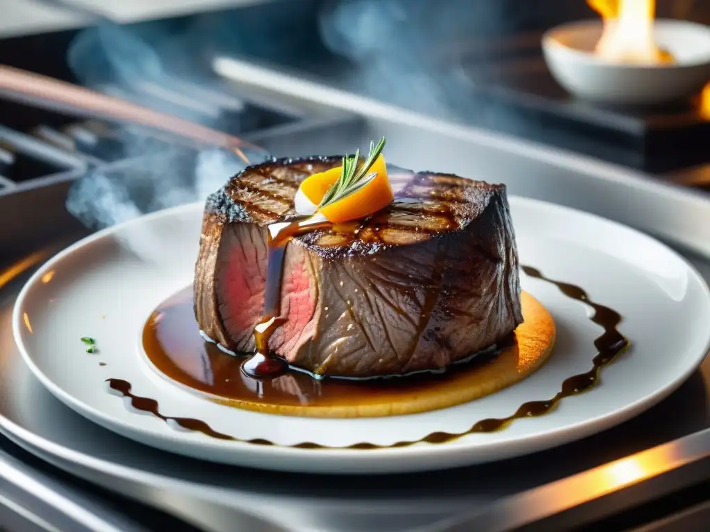 Delicioso Tournedos Rossini con foie gras se dora en sartén, en cocina profesional