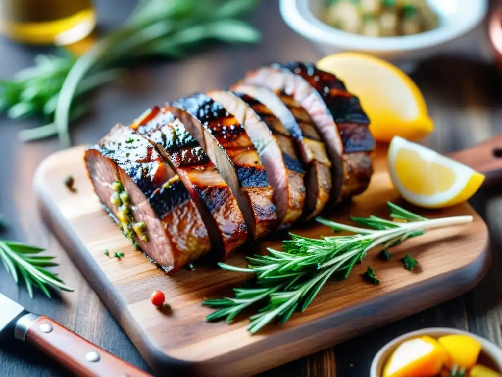 Delicioso Andouillette francés tradicional embutido gastronomía sobre tabla de madera rústica, rodeado de hierbas frescas