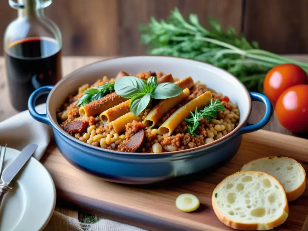 Delicioso cassoulet receta tradicional francesa con capas de sabores, en un plato de cerámica sobre una mesa rústica con vino y baguette