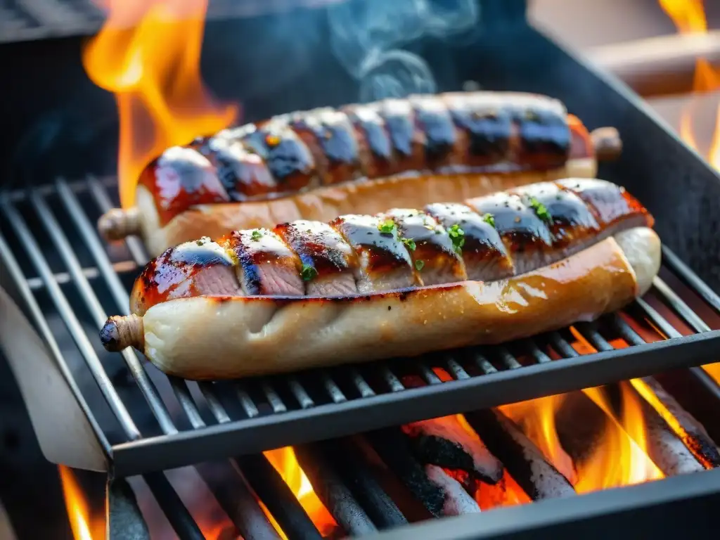 Delicioso andouillette francés tradicional en la parrilla, con especias y humo de fondo