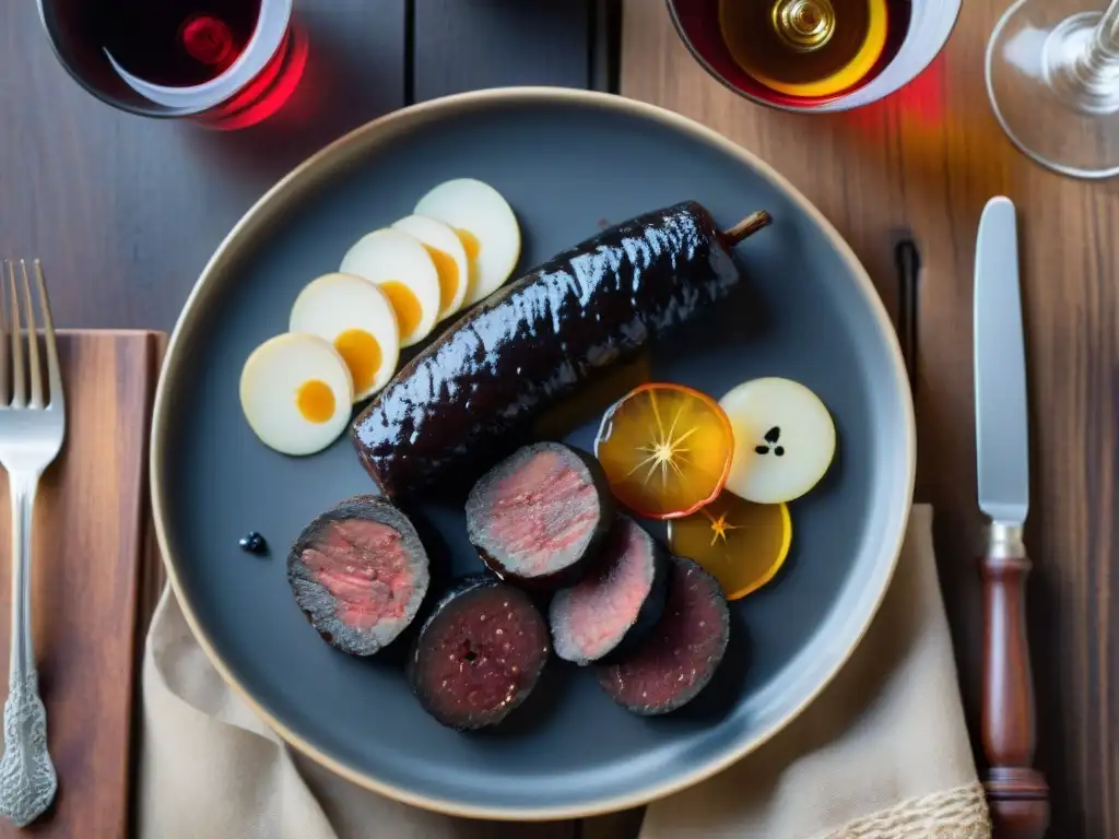 Delicioso Boudin Noir Normande y vinos en mesa rústica