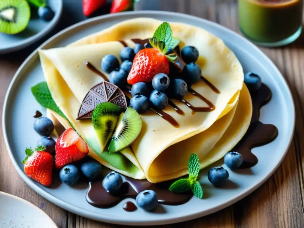 Deliciosos crepes veganos con frutas y chocolate, presentados en una mesa rústica