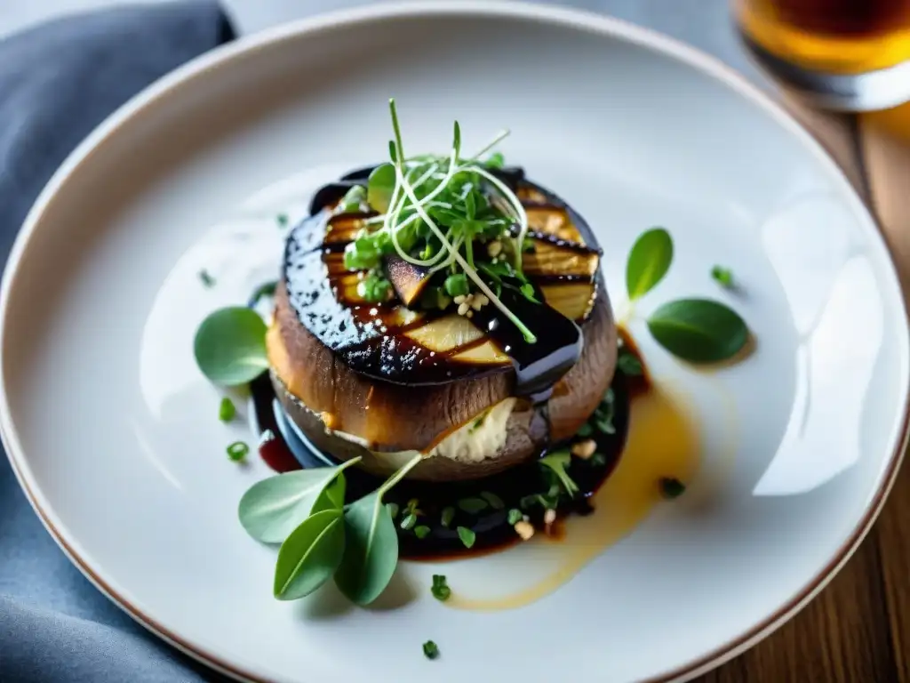 Deliciosos portobellos rellenos de Roquefort con reducción de balsámico y microgreens en plato moderno blanco