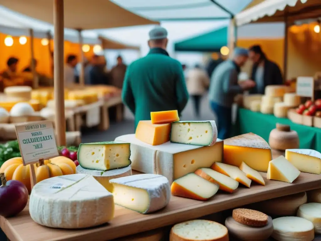 Deliciosos quesos franceses veganos en bullicioso mercado campesino