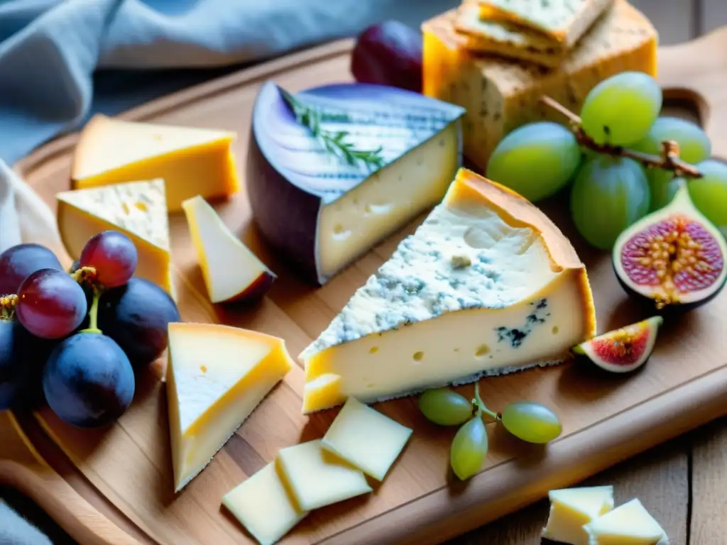 Deliciosos quesos franceses veganos en tabla rústica con frutas y crackers, bañados en luz natural