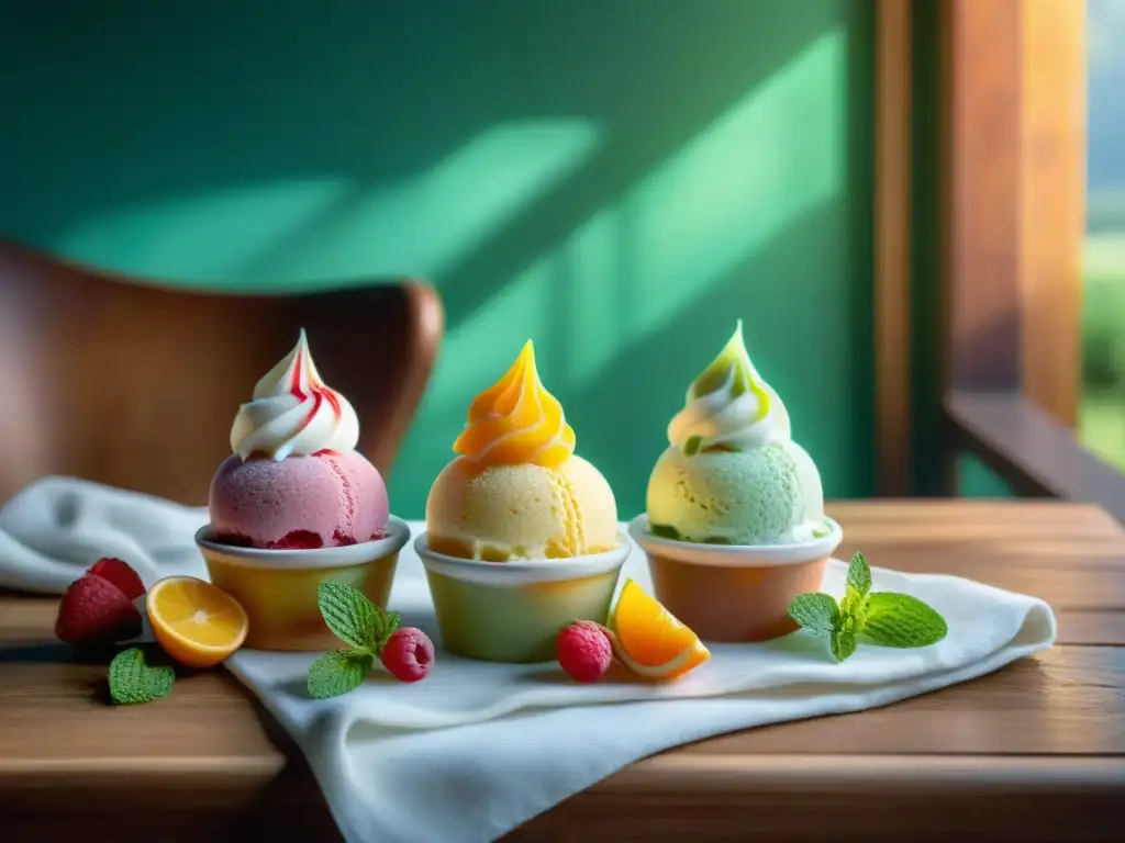 Deliciosos sorbetes y gelatos veganos con coloridas frutas y flores comestibles sobre mesa rústica