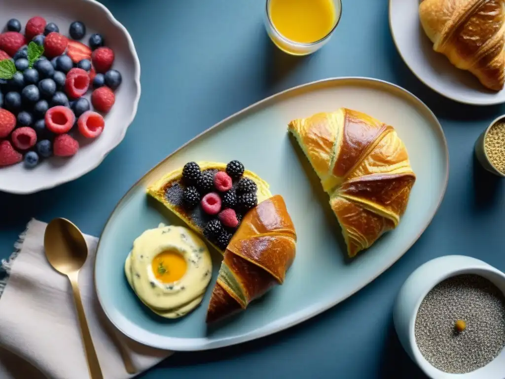 Un desayuno francés con chía: croissant dorado, chía pudding, omelette de chía y agua de chía