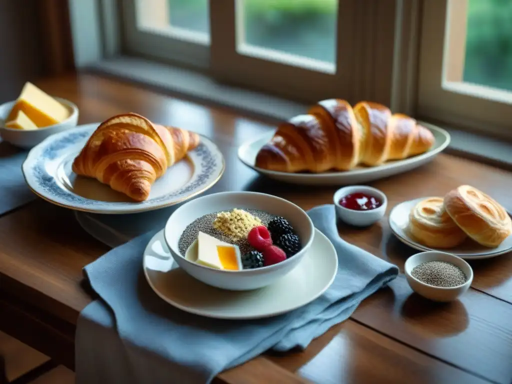 Un desayuno francés exquisito con chía, delicadamente dispuesto en una mesa rústica de madera