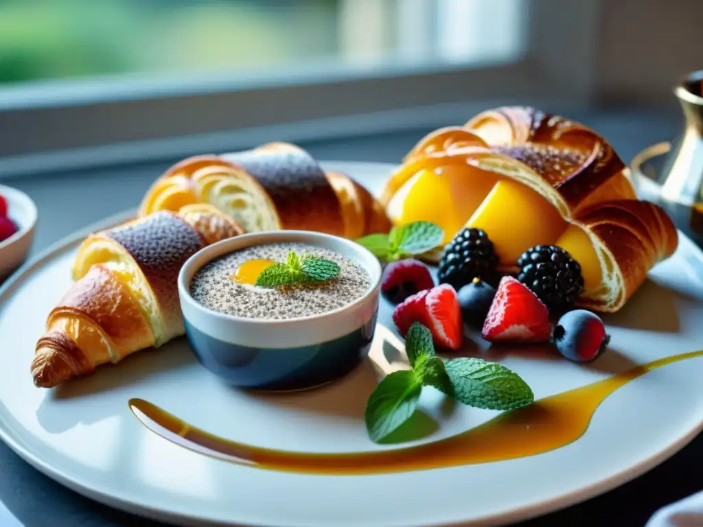 Desayuno francés con chía: croissant, chía pudding, café, miel y mint en una elegante presentación matutina