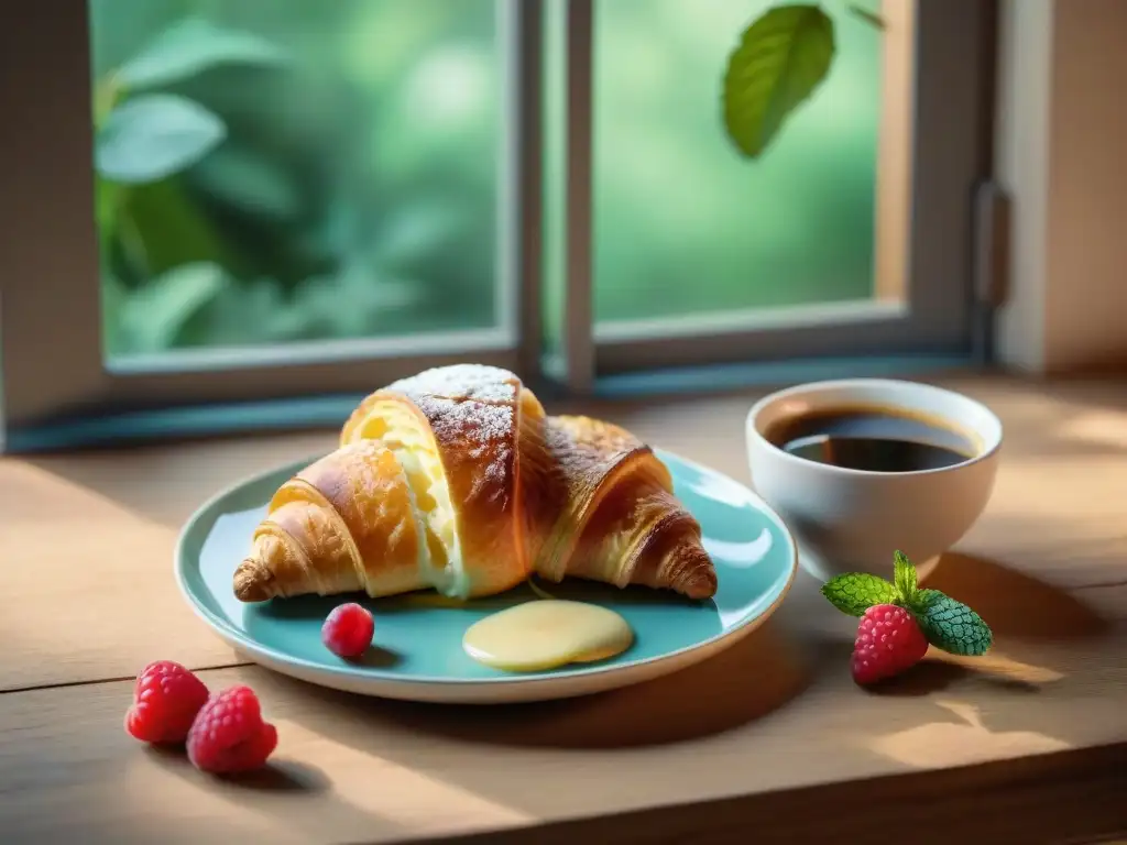 Un desayuno francés saludable con croissant, bayas, espresso y miel, en una mesa rústica iluminada por la luz natural