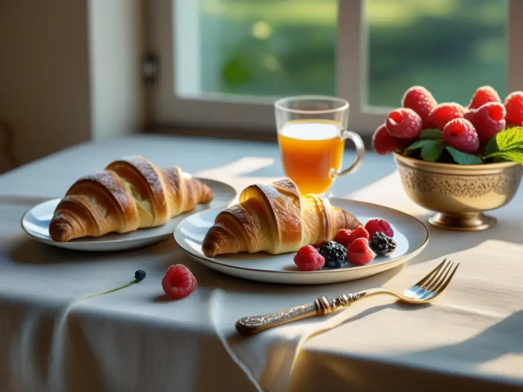 Un desayuno francés saludable: croissant, frutas, café y mermelada casera en una mesa elegante