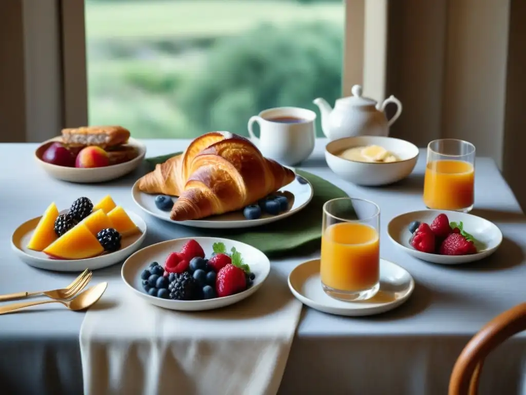 Un desayuno francés saludable con croissants integrales, frutas, yogur, queso y café, en una mesa elegante