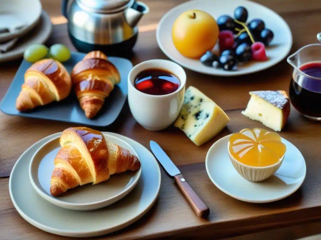 Un desayuno francés saludable con croissants, quesos, frutas frescas y mermeladas gourmet en una mesa rústica