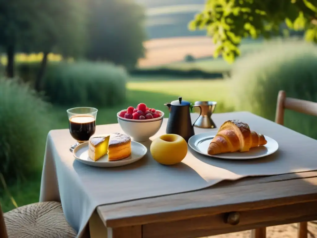 Un desayuno francés sereno al amanecer, mostrando la belleza de la filosofía culinaria francesa de reducción